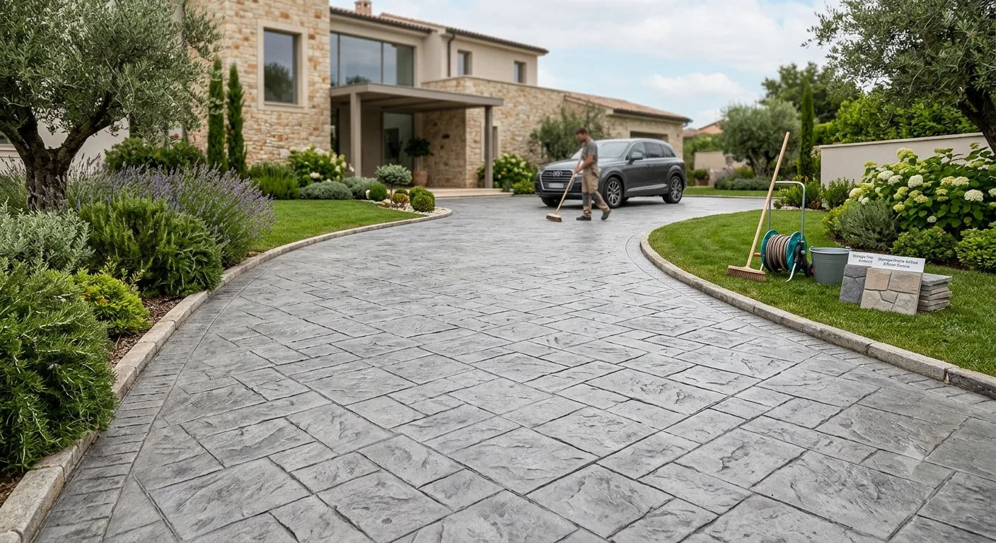 Un elegante vialetto esterno realizzato in calcestruzzo stampato con texture effetto pietra naturale grigia