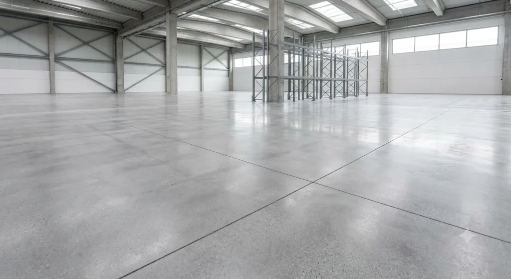 Un ampio pavimento industriale in calcestruzzo elicotterato e lucido all'interno di un capannone moderno e luminoso