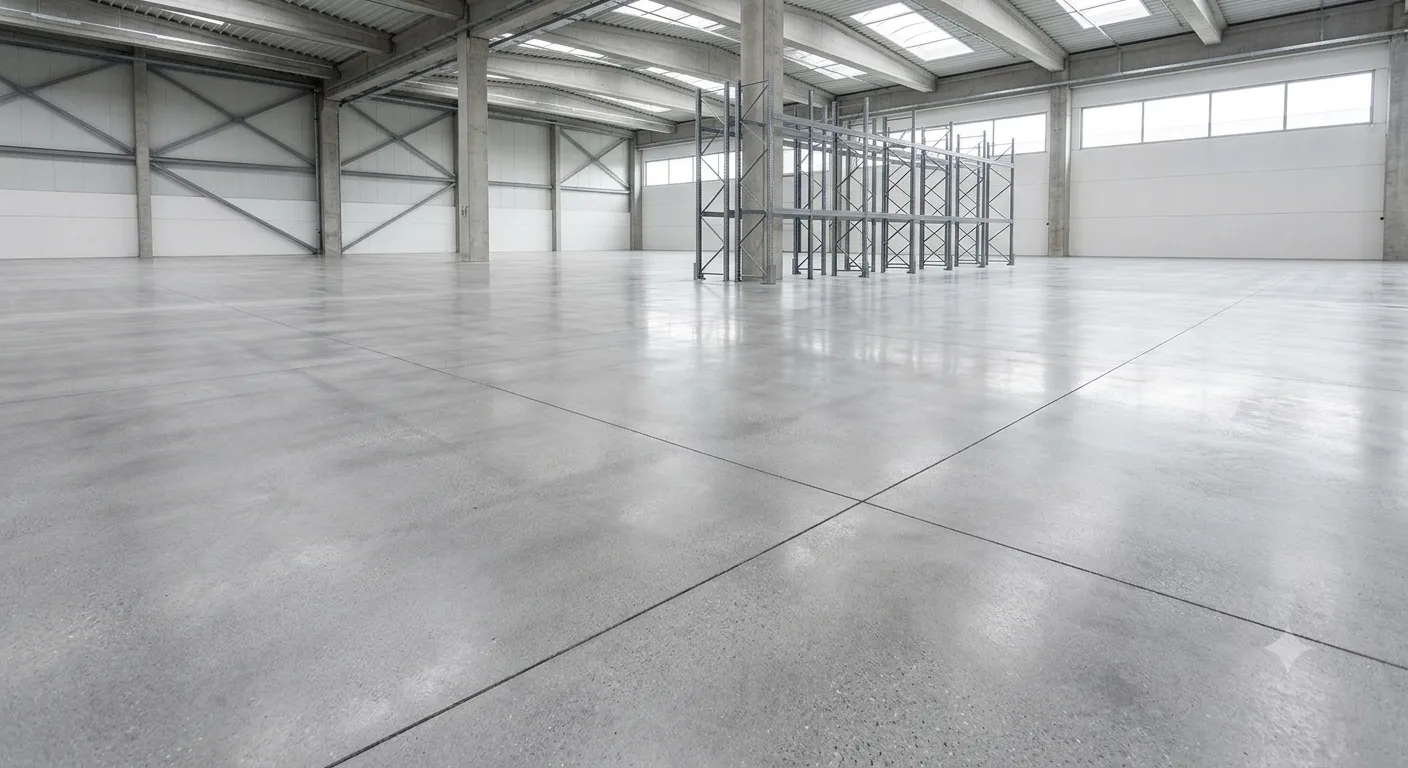 Un ampio pavimento industriale in calcestruzzo elicotterato e lucido all'interno di un capannone moderno e luminoso