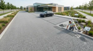 Un ampio piazzale esterno industriale realizzato in calcestruzzo drenante grigio dalla texture porosa e uniforme