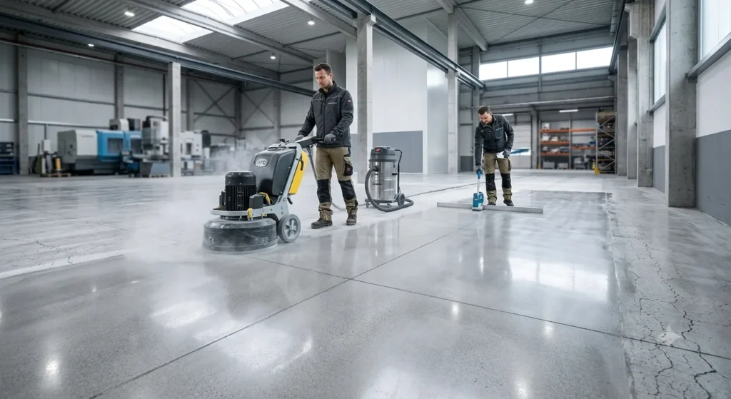 Un pavimento industriale in calcestruzzo perfettamente ripristinato e levigato, con superficie specchiante all'interno di un reparto produttivo