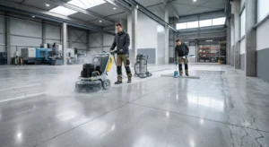 Un pavimento industriale in calcestruzzo perfettamente ripristinato e levigato, con superficie specchiante all'interno di un reparto produttivo