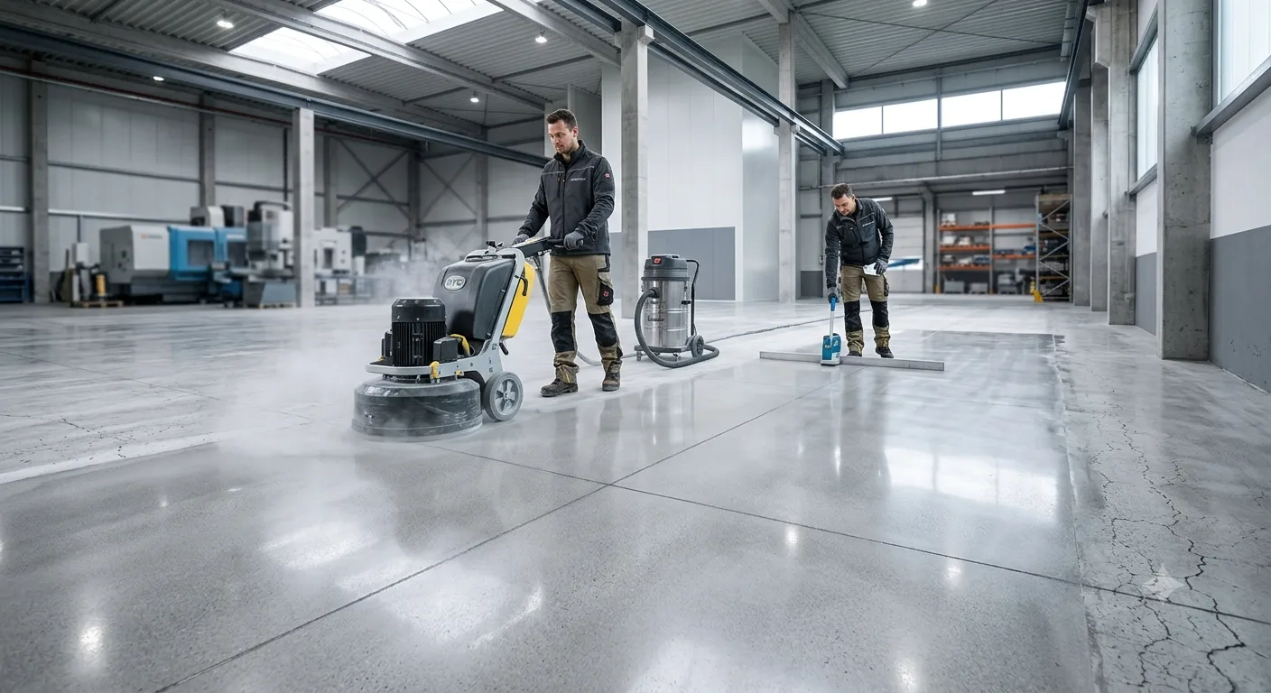 Un pavimento industriale in calcestruzzo perfettamente ripristinato e levigato, con superficie specchiante all'interno di un reparto produttivo